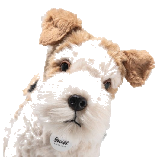 The Steiff Soft Cuddly Friends Foxy Fox Terrier 32 cm has a cute face with safety eyes and black features to add detail against the white and brown fur.