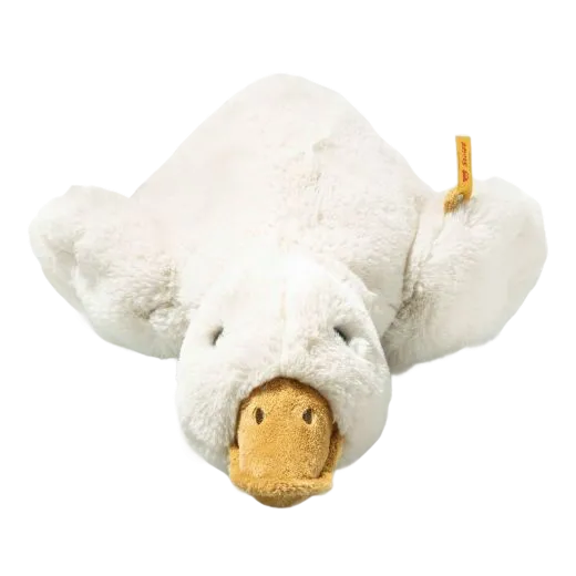 Steiff's Soft Cuddly Friends Gilda the Goose, 47cm has safety eyes, an embroidered beak, and a soft plush feather exterior.