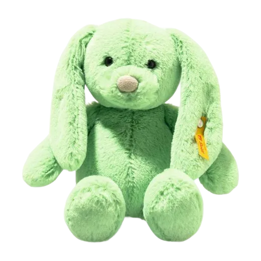 Steiff's Soft Cuddly Friends Green Tilda Rabbit has a soft green plush exterior with safety eyes and an embroidered nose.
