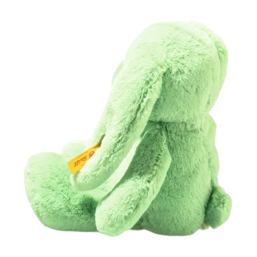 Steiff's Soft Cuddly Friends Green Tilda Rabbit comes with a stainless steel button in ear and the yellow Steiff label for branding.
