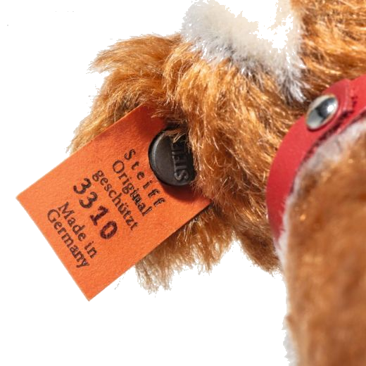 Steiff's St. Bernard 1934 Replica, 10 cm has the original tag and button in the ear to replicate the original St. Bernard Dog from 1934.