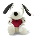 Steiff's x Peanuts Snoopy Miniature With Heart is made with a blend of mohair and cotton with a felt heart.