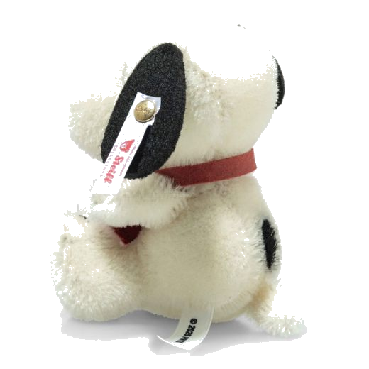 This Steiff x Peanuts Snoopy Miniature With Heart has the gold-plated button in ear with the Steiff label for branding.