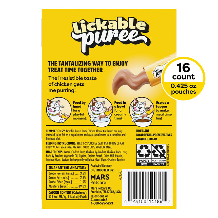 Temptations Creamy Puree Squeezable Lickable Wet Cat Treat with Chicken, 0.42 oz. Tubes, Pack of 16