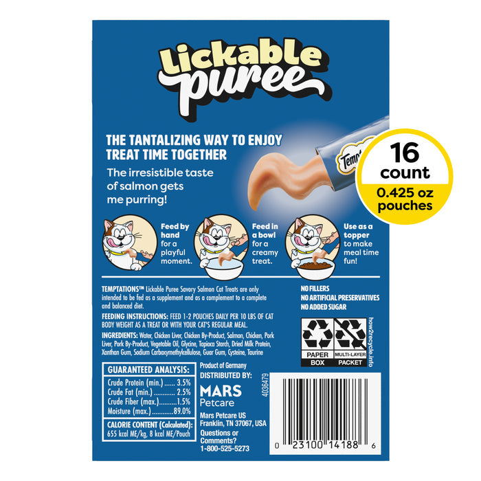 Temptations Creamy Puree Squeezable Lickable Wet Cat Treats with Salmon, 0.42 oz. Tubes, Pack of 16