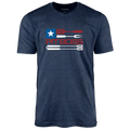 Navy heather Pit Boss Grills Tools Flag T-Shirt with red, white, and blue design.