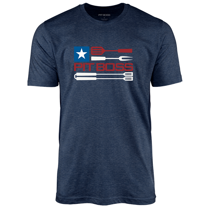 Navy heather Pit Boss Grills Tools Flag T-Shirt with red, white, and blue design.