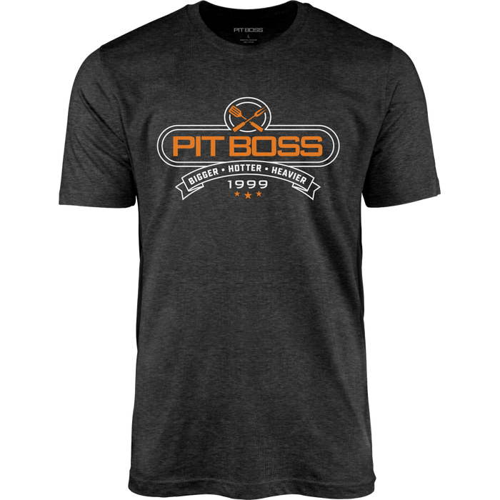 Charcoal heather Pit Boss Grills "Tools of the Trade" men's T-shirt with bold logo and "Bigger · Hotter · Heavier 1999" text.