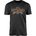 Charcoal heather Pit Boss Grills "Tools of the Trade" men's T-shirt with bold logo and "Bigger · Hotter · Heavier 1999" text.