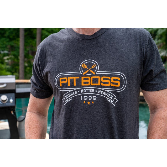 Charcoal heather Pit Boss Grills "Tools of the Trade" men's t-shirt with bold logo and text.