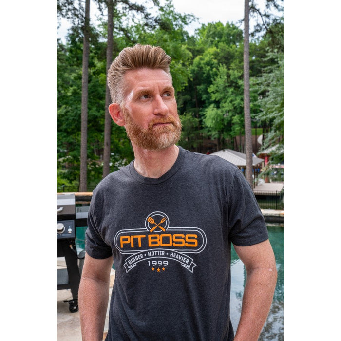 Charcoal heather Pit Boss Grills "Tools of the Trade" men's t-shirt with bold logo and text.