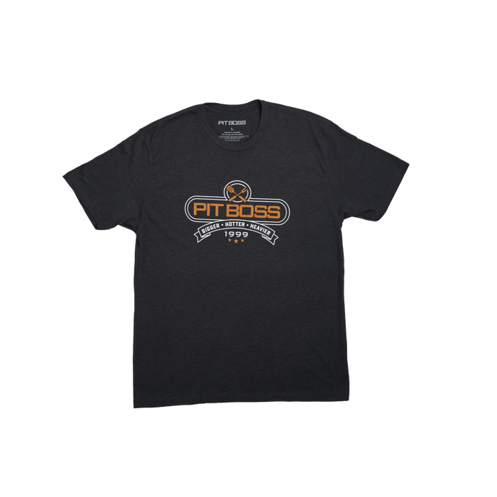 Charcoal heather Pit Boss Grills "Tools of the Trade" men's t-shirt with brand logo and "Bigger, Hotter.