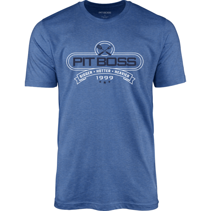 Royal Heather Pit Boss Grills Tools of the Trade Men’s T-Shirt with "Pit Boss" and "Bigger • Hotter • Heavier 1999" design.