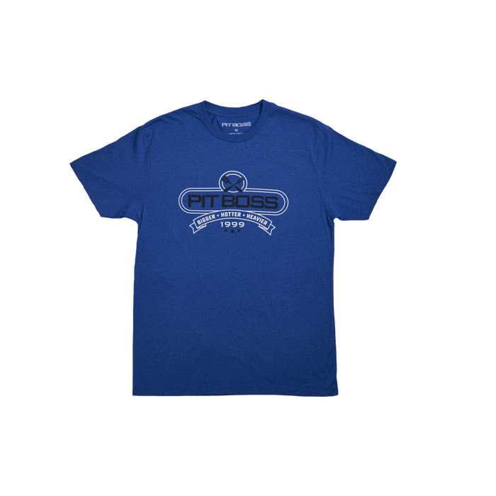 Royal heather Pit Boss Grills Tools of the Trade Men’s T-Shirt with bold logo and "Bigger, Hotter, Heavier 1999" design.