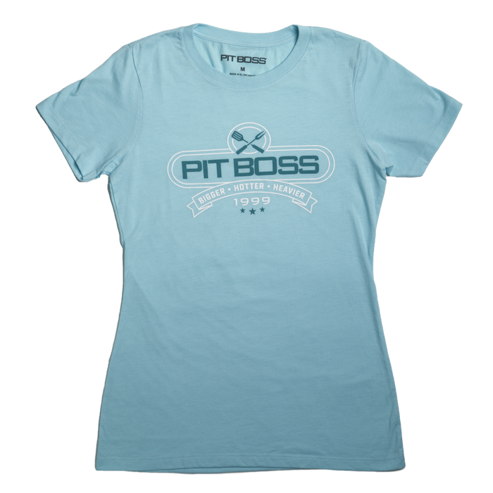 Celeste heather Pit Boss Grills Tools of the Trade Women’s T-Shirt, featuring bold logo and text.