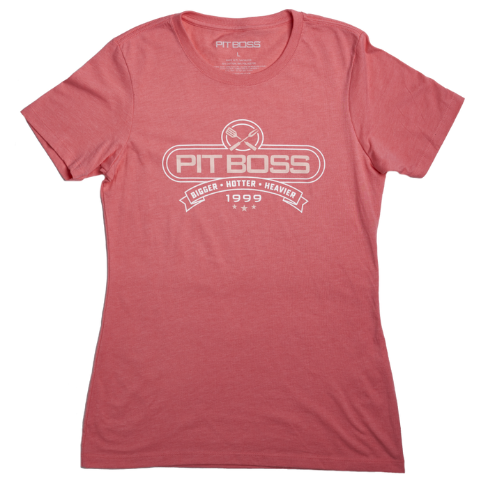 Pink Lemonade Heather Pit Boss Grills Tools of the Trade Women’s T-Shirt with "Pit Boss" and "Bigger · Hotter · Heavier...