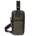 This TUMI Alpha 3 Compact Sling Bag Olive Night has an adjustable strap and a leather luggage tag.