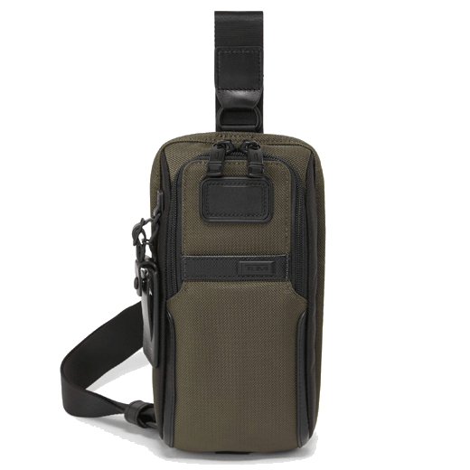 This TUMI Alpha 3 Compact Sling Bag Olive Night has an adjustable strap and a leather luggage tag.