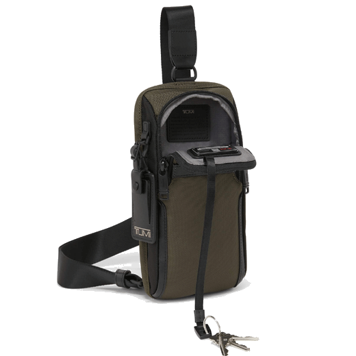 The patch and luggage tag on this TUMI Alpha 3 Compact Sling Bag Olive Night can be embossed at the time of purchase.