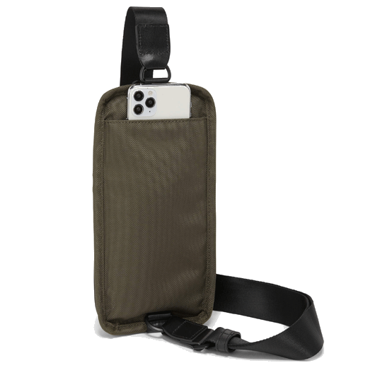 This Alpha 3 Compact Sling Bag Olive Night by TUMI has a rear slip pocket which fits yout phone for easy access.