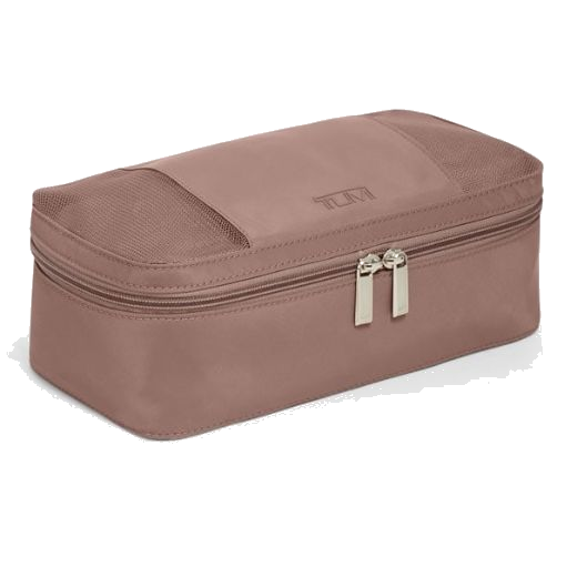 This Small Packing Cube in Light Mauve by TUMI has the brand name on the top very subtly.