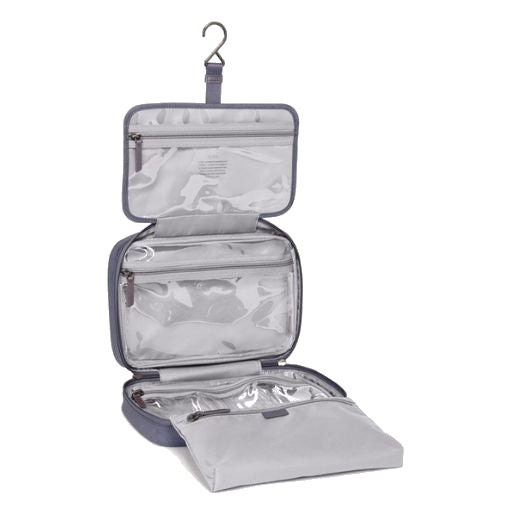 This TUMI Voyageur Blue Shimmer Madeline Cosmetic Case opens up with multiple compartments with clear pockets.