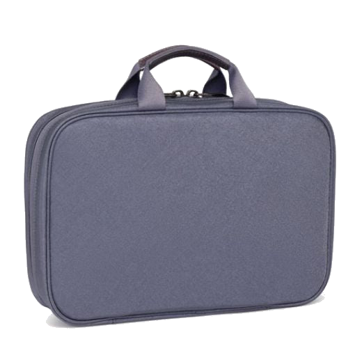 The Voyageur Blue Shimmer Madeline Cosmetic Case by TUMI has top grab handles and a hook inside that allows you to hang the case up.