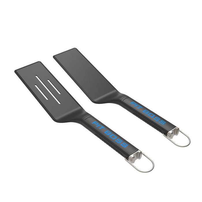 Pit Boss Ultimate Griddle Spatulas. Black with Pit Boss name in blue down the front.