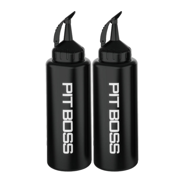 Pit Boss Ultimate Squeeze Bottles. Pack of two. White Pit Boss name down the front.