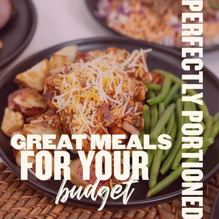 Affordable Value Meal Plan plate with BBQ chicken, roasted potatoes, cheese, and green beans, perfectly portioned