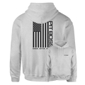 Heather gray hoodie with vertical American flag design and "Pit Boss" text.