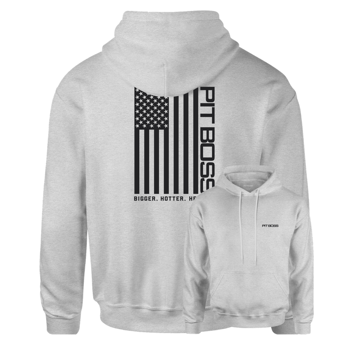 Heather gray hoodie with vertical American flag design and "Pit Boss" text.