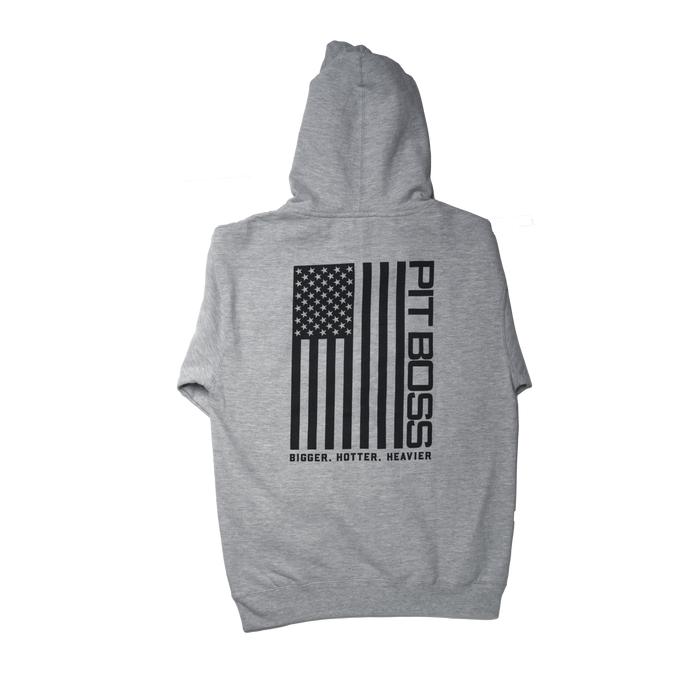 Heather gray hoodie with Pit Boss Grills vertical flag design and "BIGGER. HOTTER. HEAVIER" text.