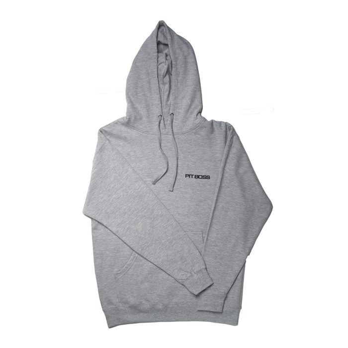 Heather gray Vertical Flag Hoody by Pit Boss Grills with "PIT BOSS" logo on chest.