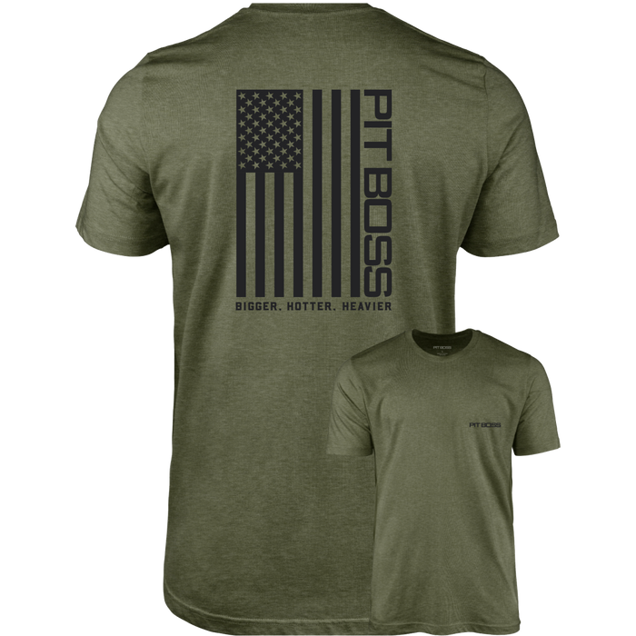 Military Heather Green Vertical Flag Men’s T-Shirt by Pit Boss Grills, featuring American flag design and "Bigger. Hotter.