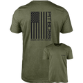 Military Heather Green Vertical Flag Men’s T-Shirt by Pit Boss Grills, featuring American flag design and "Bigger. Hotter.