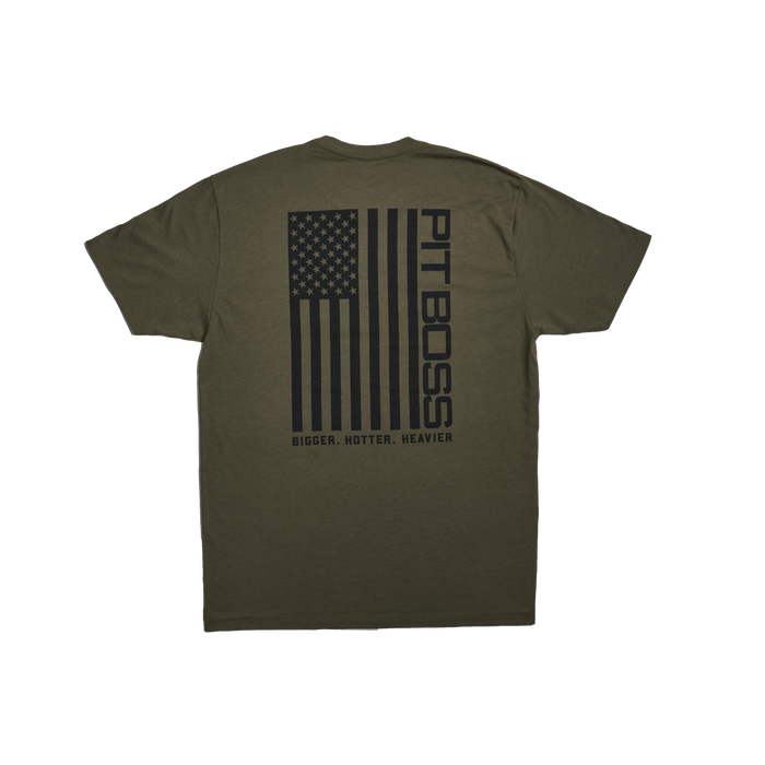 Military Heather Green Vertical Flag Men’s T-Shirt by Pit Boss Grills, featuring American flag design and "PIT BOSS" text.