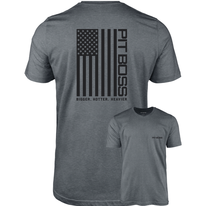 Titanium Heather Gray Vertical Flag Men’s T-Shirt by Pit Boss Grills, featuring American flag design and "Pit Boss" text.