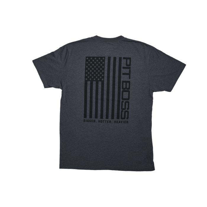 Titanium Heather Gray Vertical Flag Men’s T-Shirt by Pit Boss Grills, featuring bold text and American flag design.