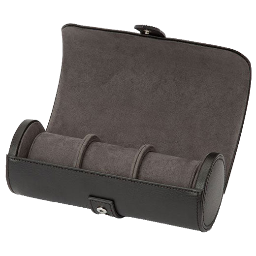 The WOLF 1834 Black/Grey Blake Triple Watch Roll with Capsule features two press stud fastenings.
