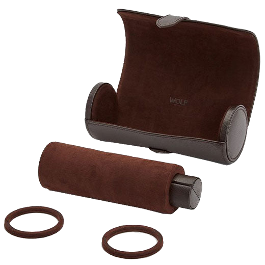 The WOLF 1834 Brown Blake Triple Watch Roll with Capsule features a hidden jewellery compartment.