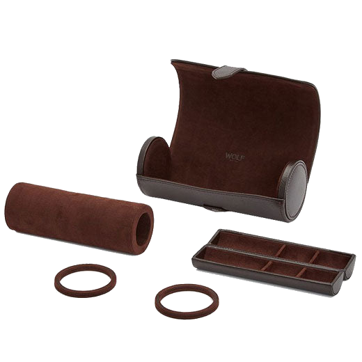 The WOLF 1834 Brown Blake Triple Watch Roll with Capsule has been embossed on the inside.