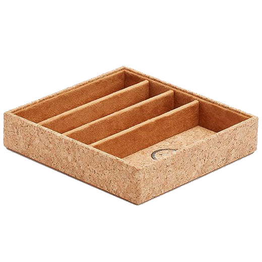 The WOLF 1834 x Analog/Shift 1976 Natural Cork Watch Strap Tray has been lined with tan ultrasuede.