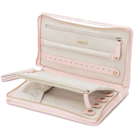 This WOLF Rose Quartz Caroline Jewellery Portfolio has a suede-lined interior.