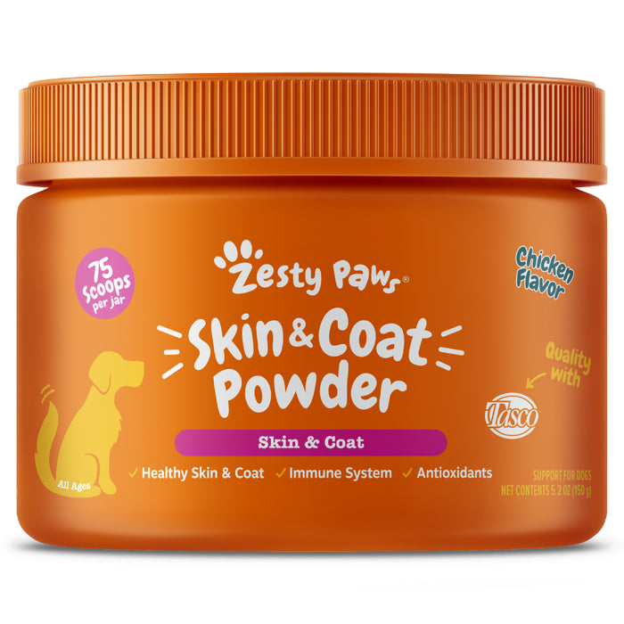 Zesty Paws Skin & Coat Powder, Chicken Flavor, 150g Jar for Dogs