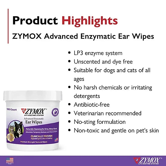 Zymox Advanced Enzymatic Ear Wipes for Dogs & Cats, 100 ct.